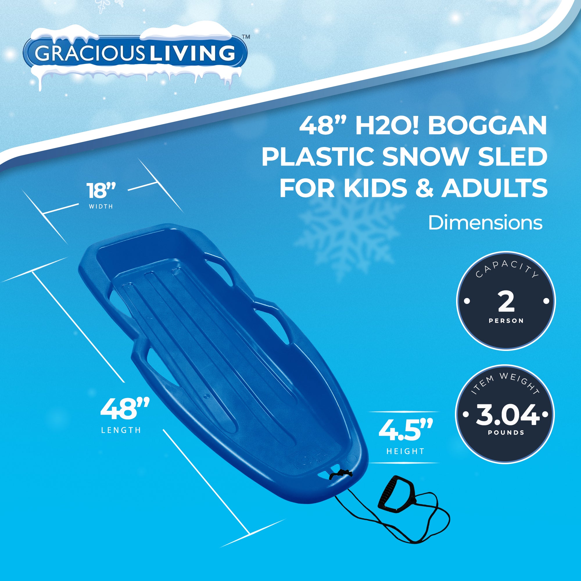 Gracious Living H2O! Raptor Boggan, Plastic Snow Sled for Kids and Adults, Blue (Open Box) - VMInnovations