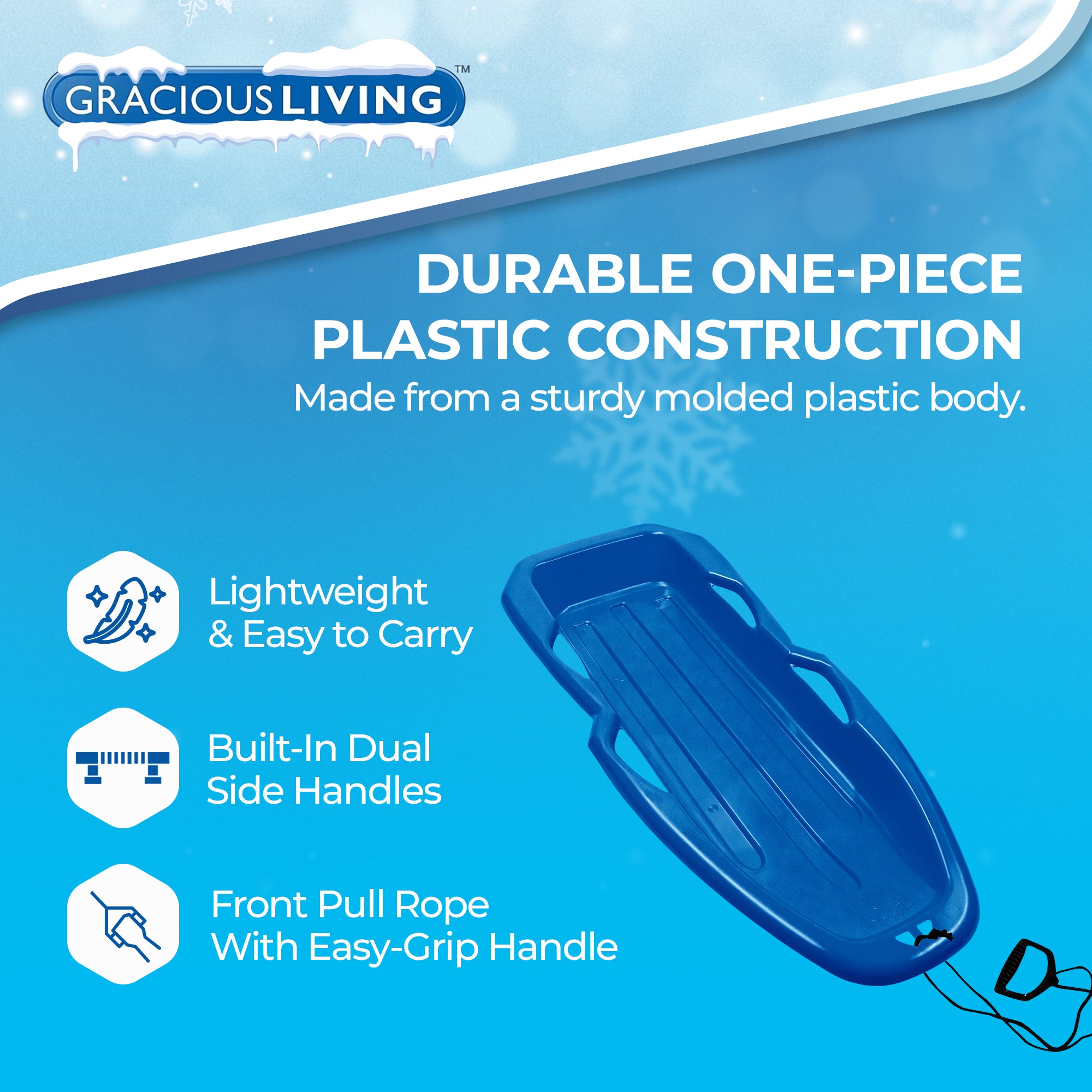 Gracious Living H2O! Raptor Boggan, Plastic Snow Sled for Kids and Adults, Blue (Open Box) - VMInnovations