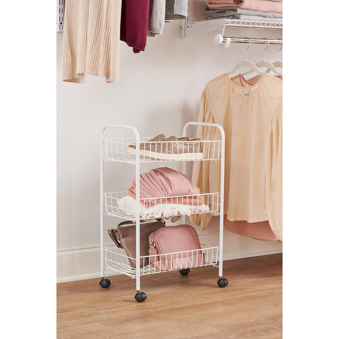 Rubbermiad 3-Tier Shelving Wheeled Organizer, Metal Storage Cart for Home, White