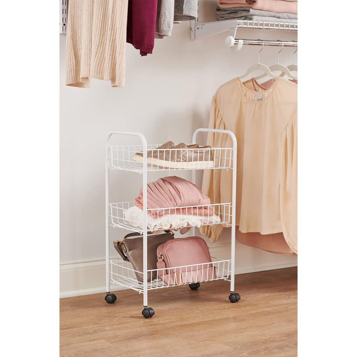 Rubbermiad 3-Tier Shelving Wheeled Organizer, Metal Storage Cart for Home, White