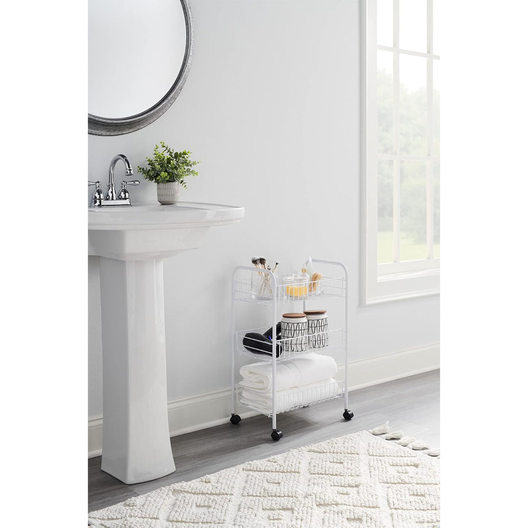 Rubbermiad 3-Tier Shelving Wheeled Organizer, Metal Storage Cart for Home, White