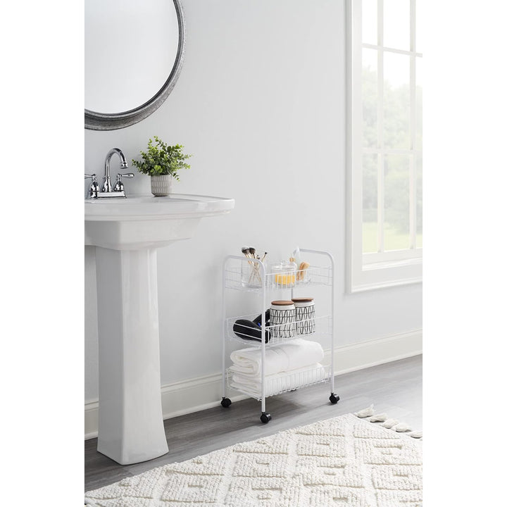 Rubbermiad 3-Tier Shelving Wheeled Organizer, Metal Storage Cart for Home, White