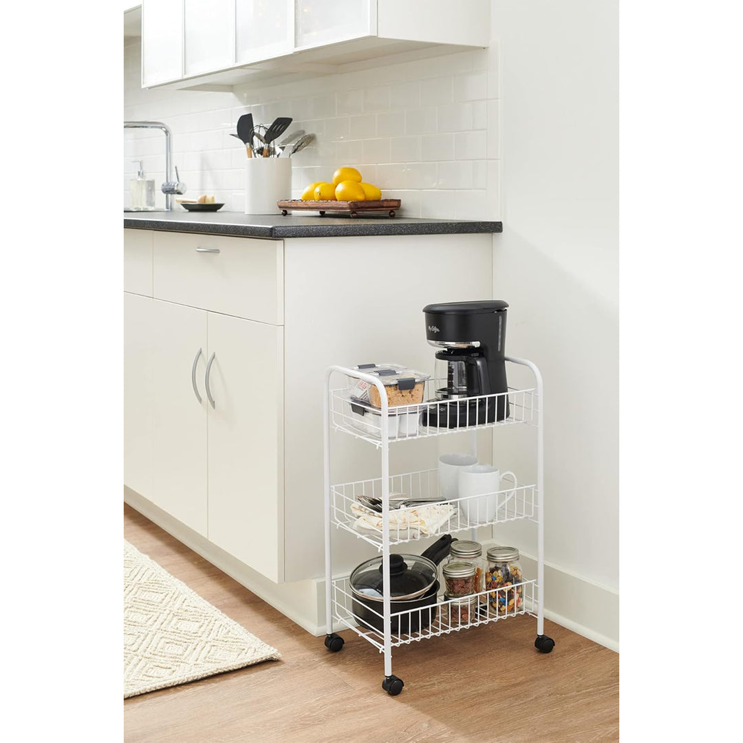 Rubbermiad 3-Tier Shelving Wheeled Organizer, Metal Storage Cart for Home, White