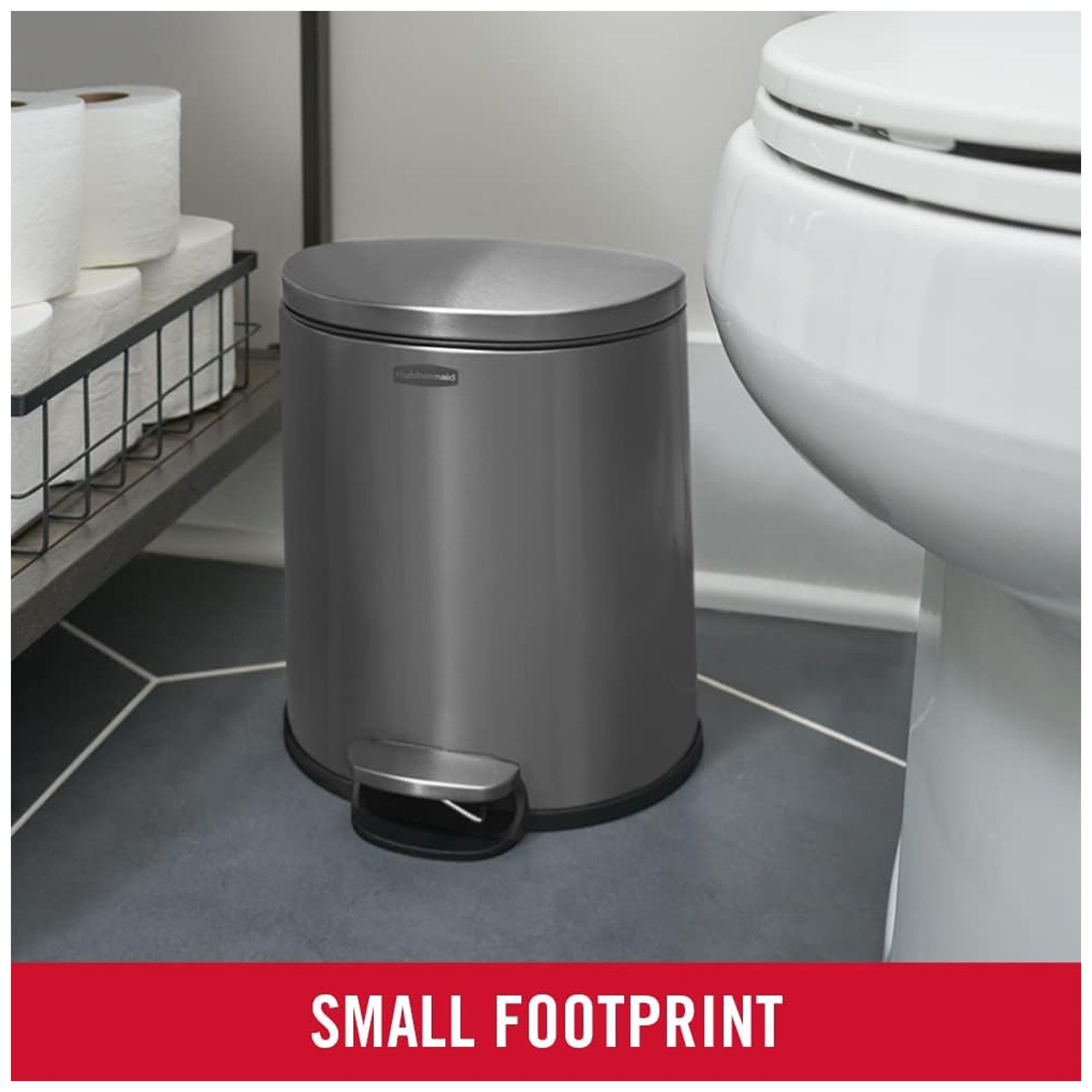 Rubbermaid Stainless Steel Step-On Trash Can, Semi-Round, 1.6 Gal, Charcoal - VMInnovations