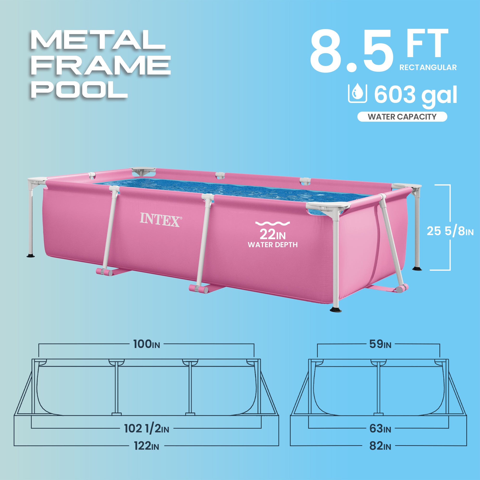 Intex 8.5'x5.4'x26" Metal Frame Above Ground Pool with Rectangular Cover, Pink