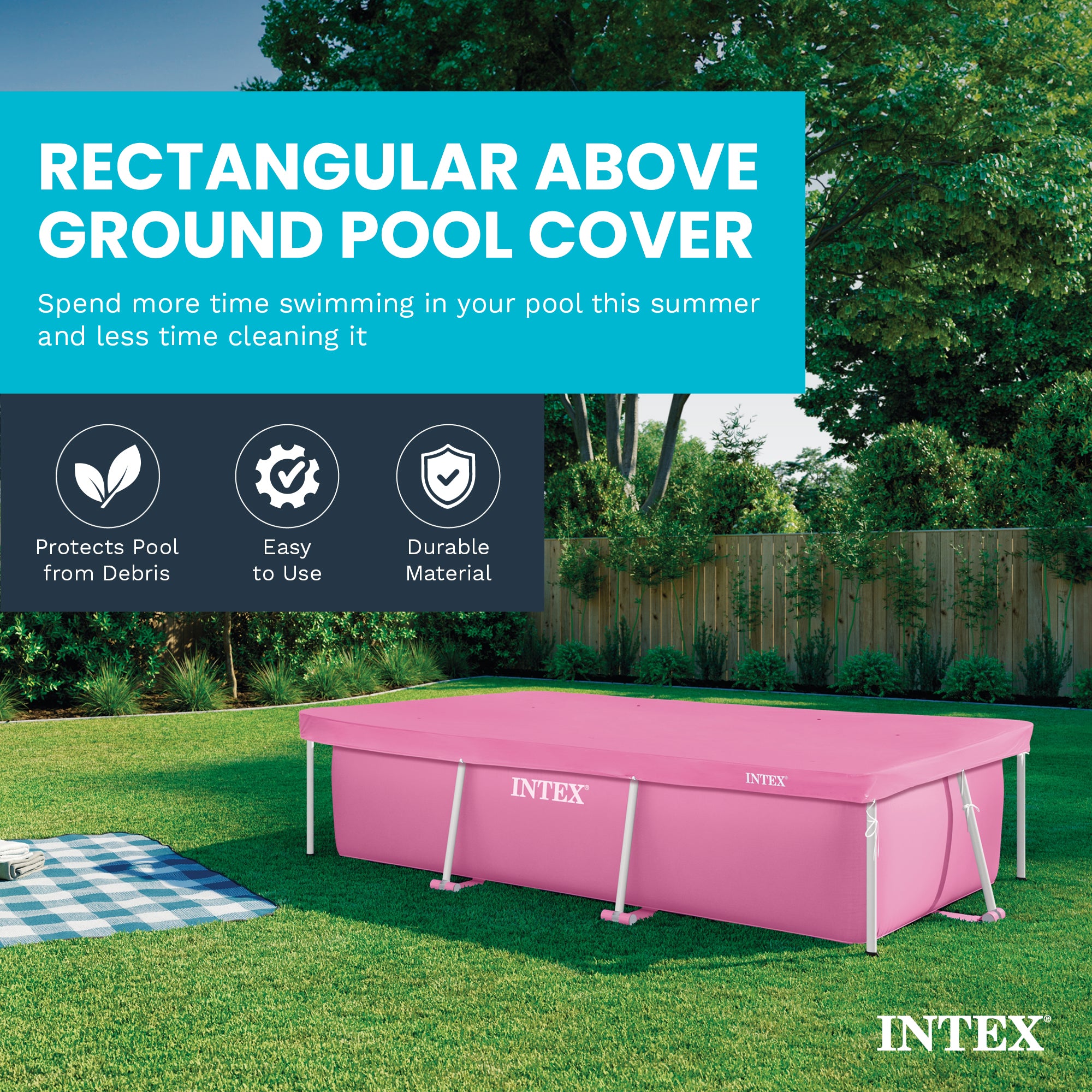 Intex 8.5'x5.4'x26" Metal Frame Above Ground Pool with Rectangular Cover, Pink