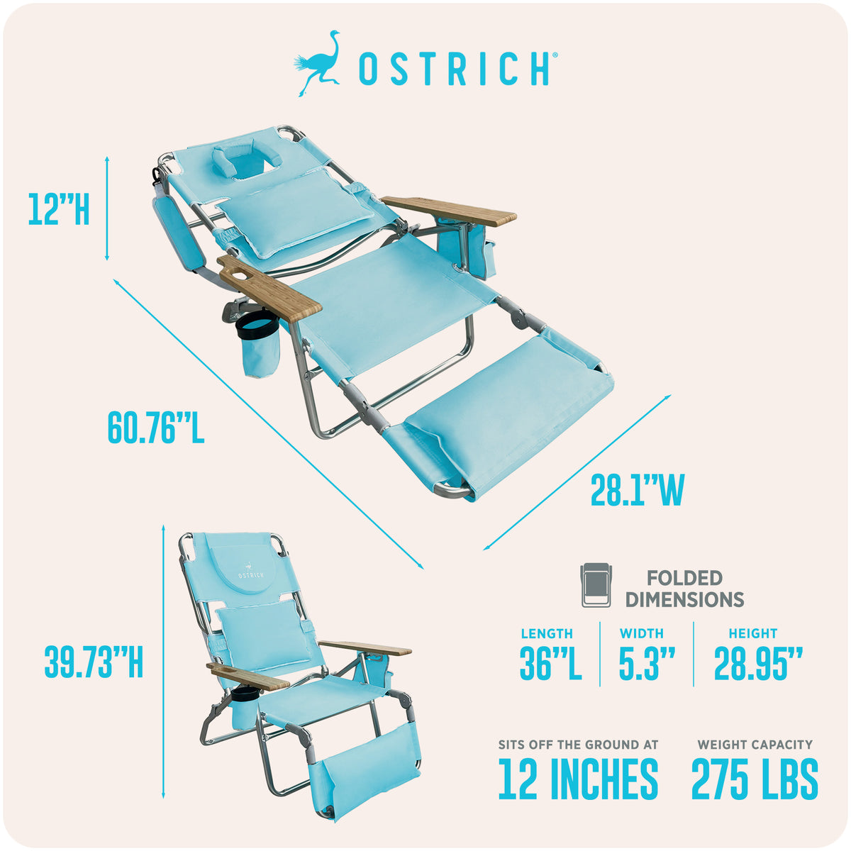 Ostrich The Deluxe 3N1 Lightweight Beach Lounge Chair & Footrest, Light Blue - VMInnovations