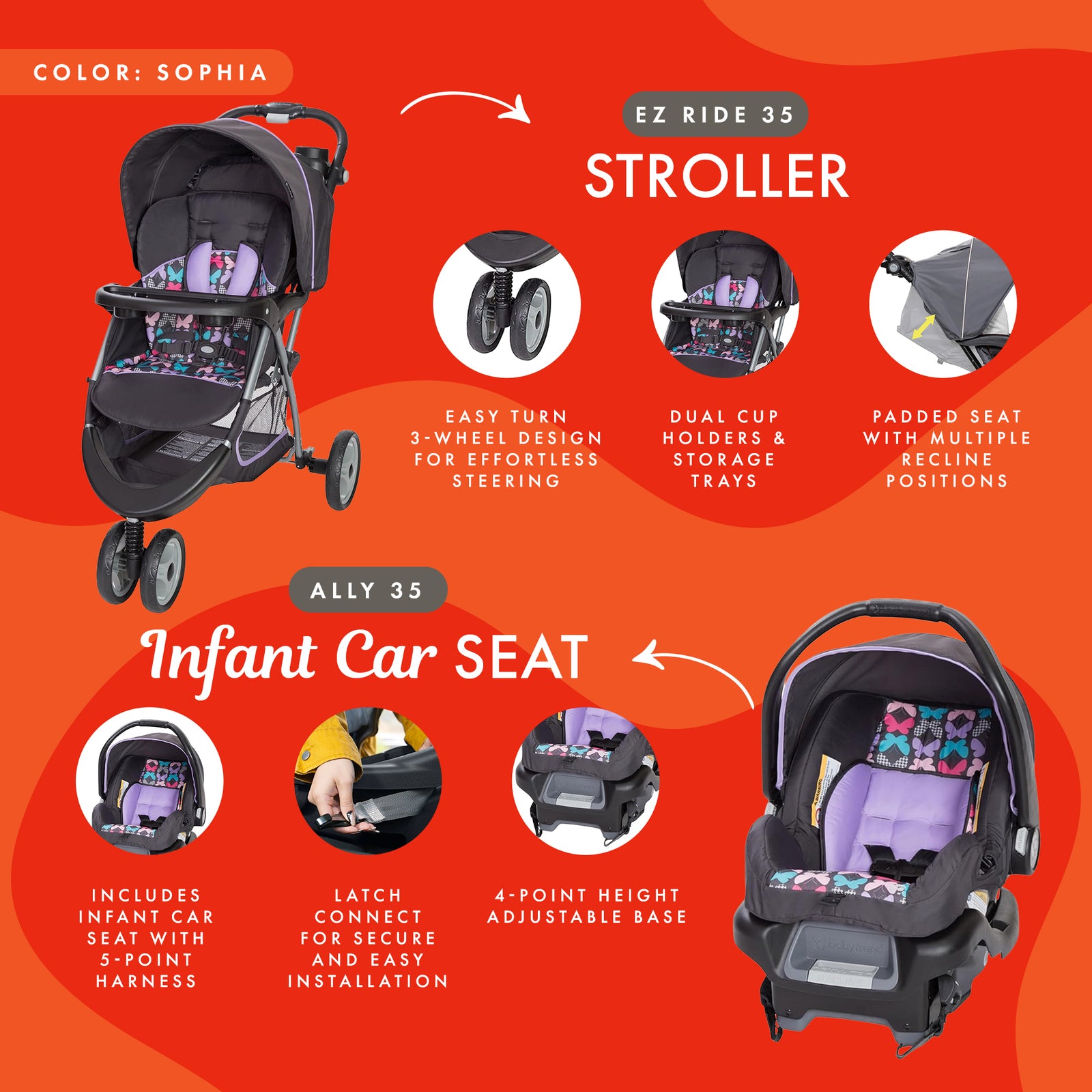 Baby Trend EZ Ride 35 Travel System Stroller Car Seat Combo for Baby, Sophia - VMInnovations