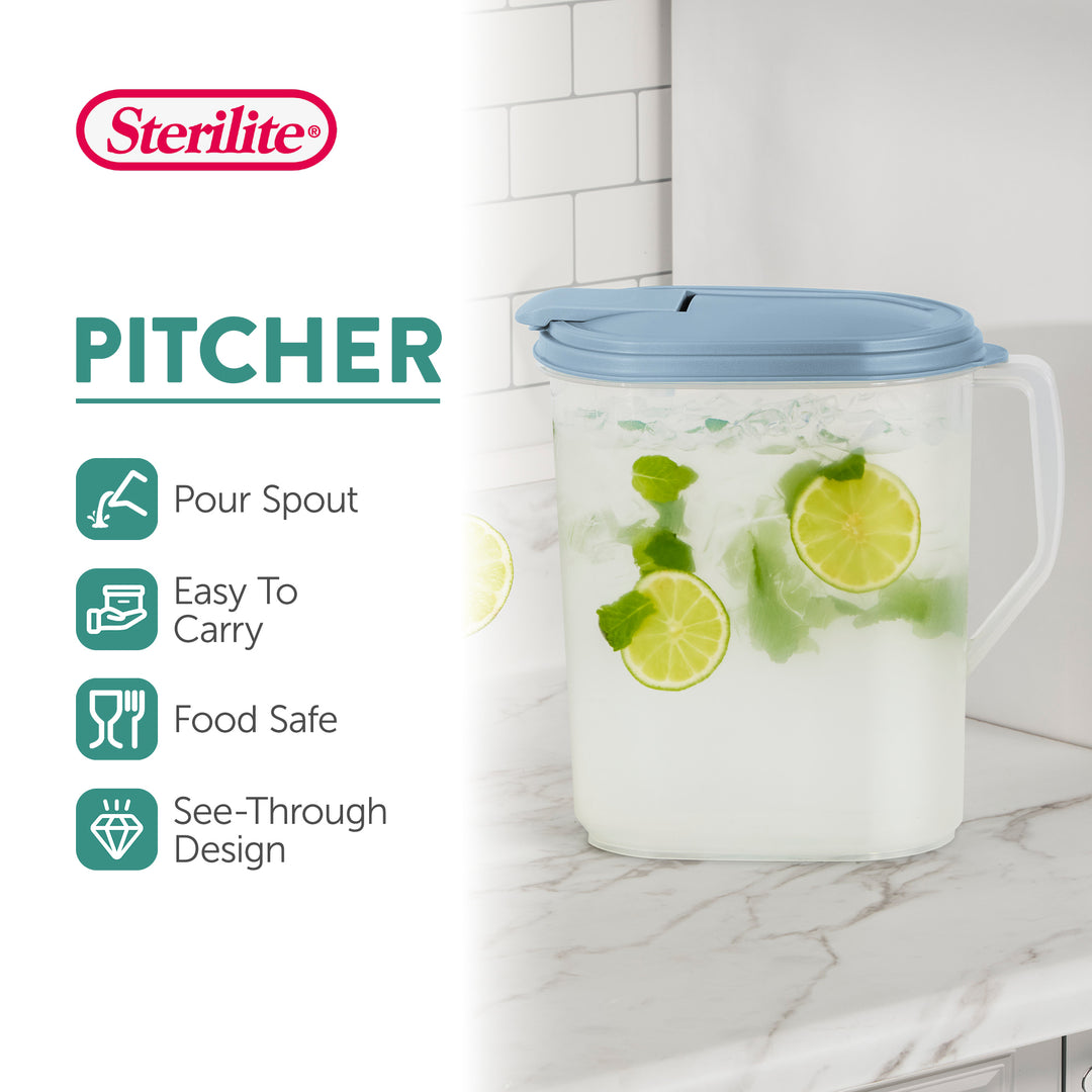 Sterilite 1 Gallon Plastic Hinged Pitcher w/ Comfort Grip Handle, Blue, 18 Pack