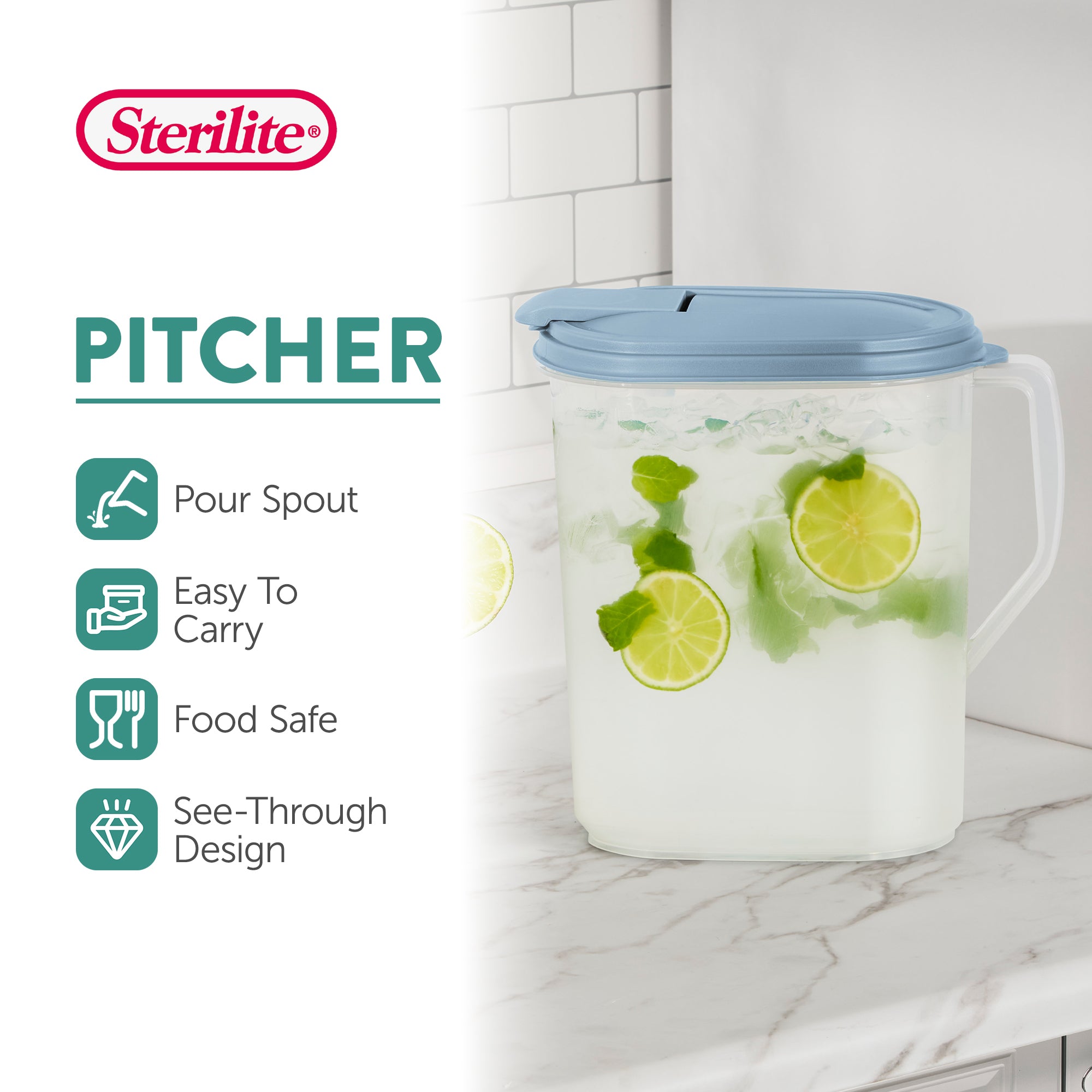 Sterilite 1 Gallon Plastic Hinged Pitcher w/ Comfort Grip Handle, Blue, 18 Pack - VMInnovations