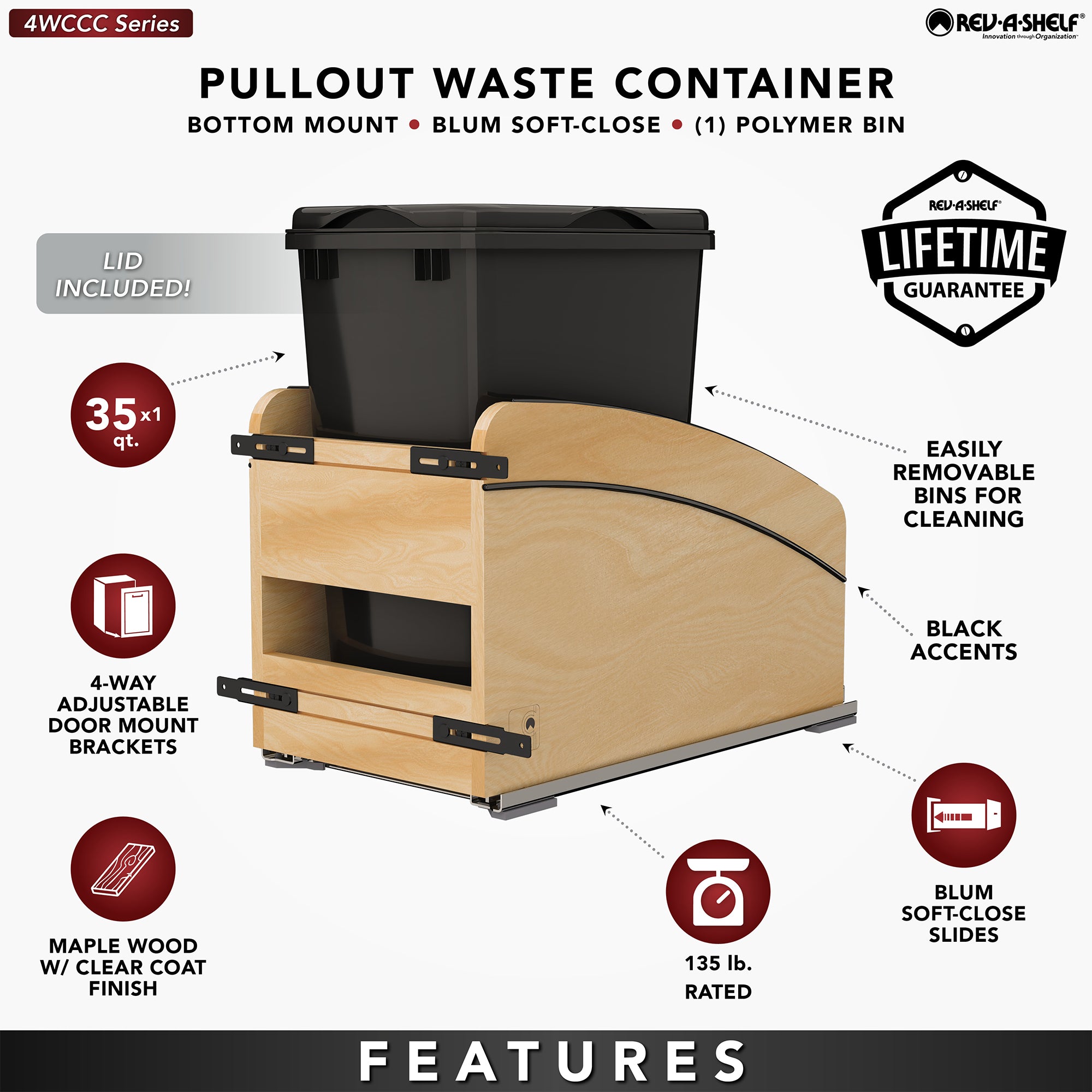Rev-A-Shelf Maple Wood Pullout Waste Container, Soft-Close, 35 qt, Black - VMInnovations
