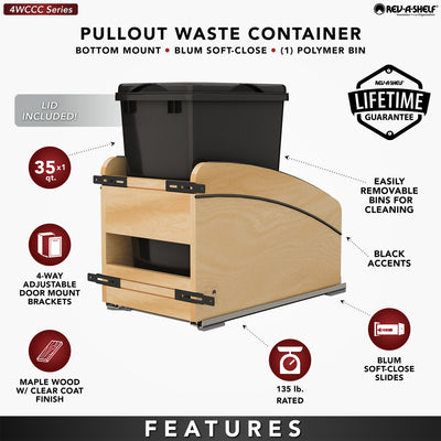 Rev-A-Shelf Maple Wood Pullout Waste Container, Soft-Close, 35 qt, Black - VMInnovations