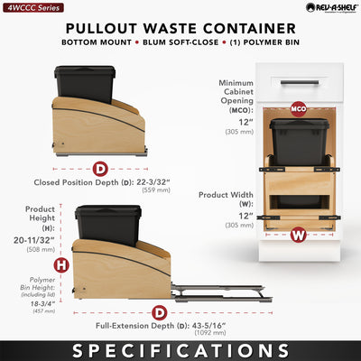Rev-A-Shelf Maple Wood Pullout Waste Container, Soft-Close, 35 qt, Black - VMInnovations