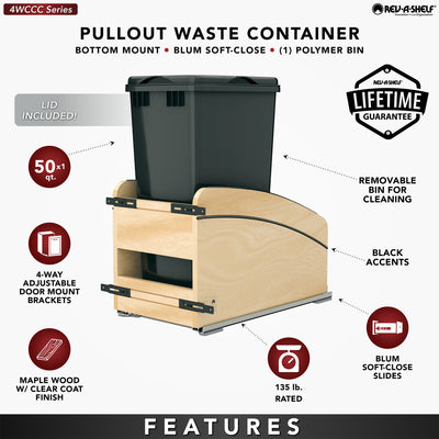 Rev-A-Shelf Maple Wood Pullout Waste Container, Soft-Close, 50 qt, Black