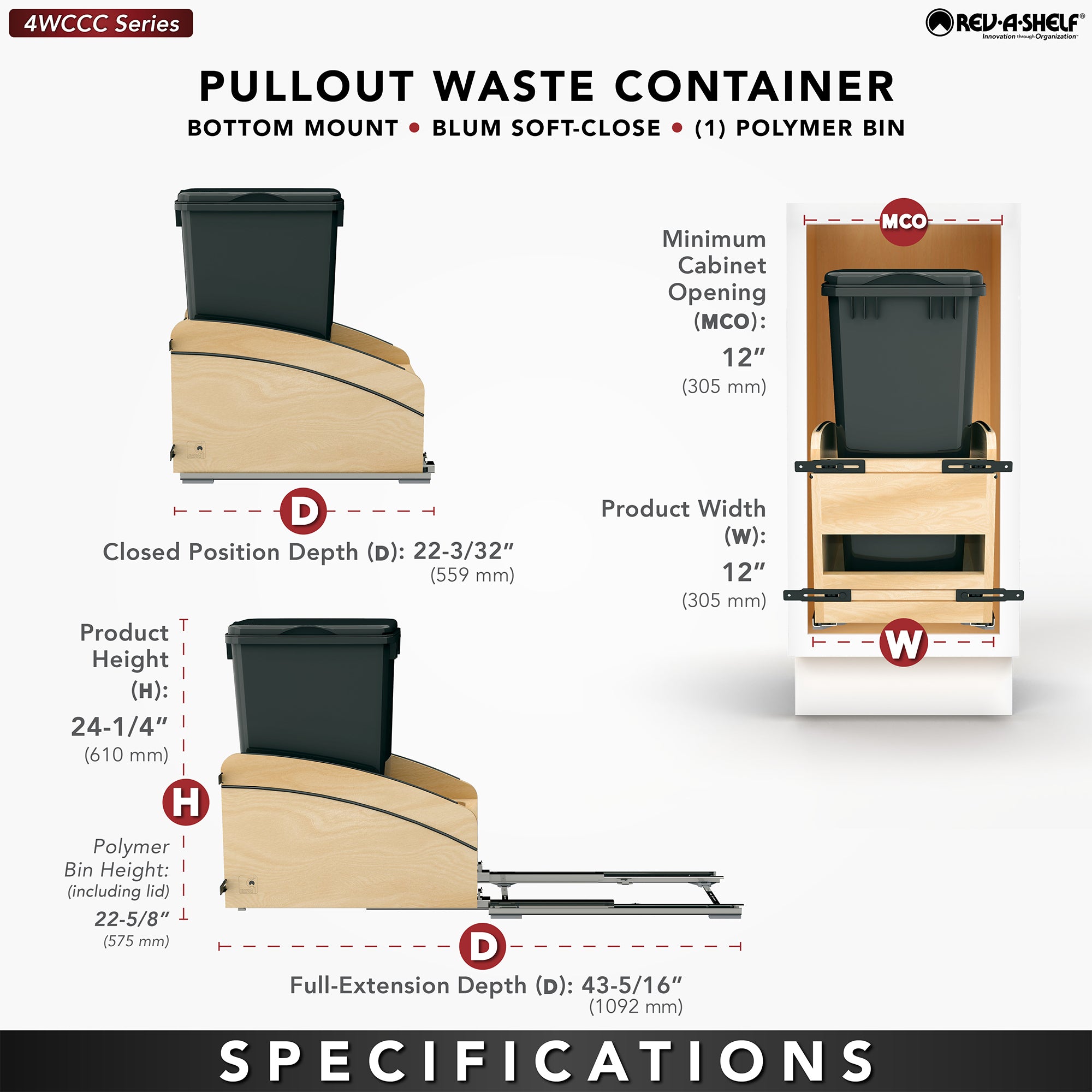 Rev-A-Shelf Maple Wood Pullout Waste Container, Soft-Close, 50 qt, Black