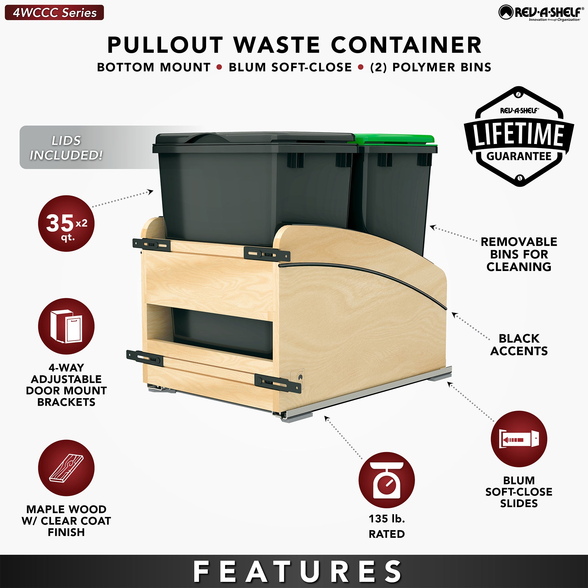 Rev-A-Shelf Maple Double Pullout Waste Container, Soft-Close, 35 qt, Black - VMInnovations