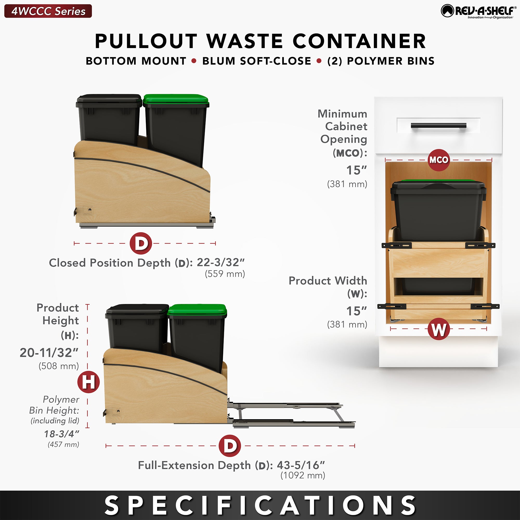 Rev-A-Shelf Maple Double Pullout Waste Container, Soft-Close, 35 qt, Black - VMInnovations
