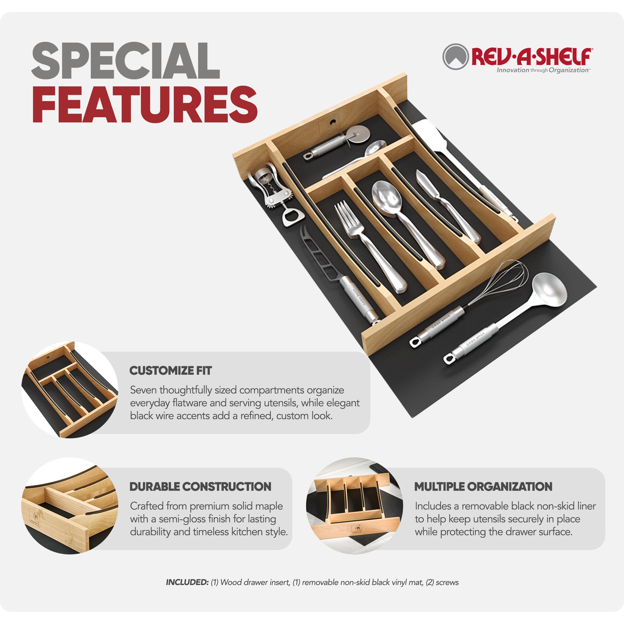 Rev-A-Shelf Craftsman Solid Maple Cutlery Drawer Insert, 13-1/4" x 19-1/2" - VMInnovations