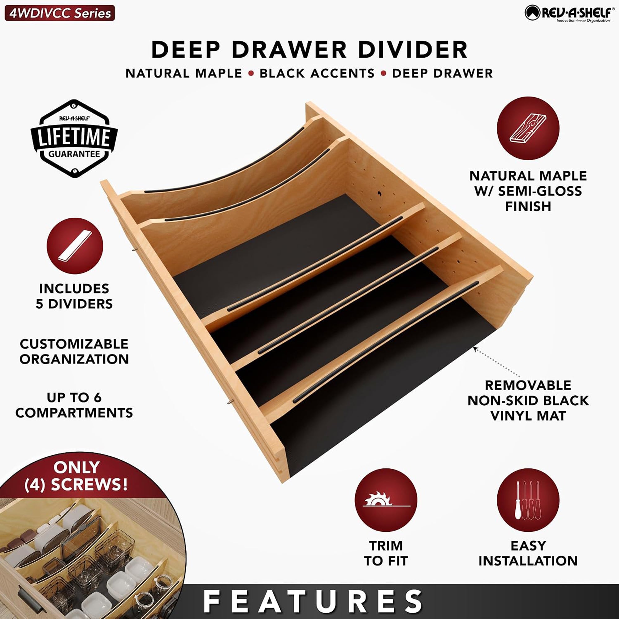 Rev-A-Shelf Deep Drawer Divider Insert for 27”-30” Base Cabinet Drawers