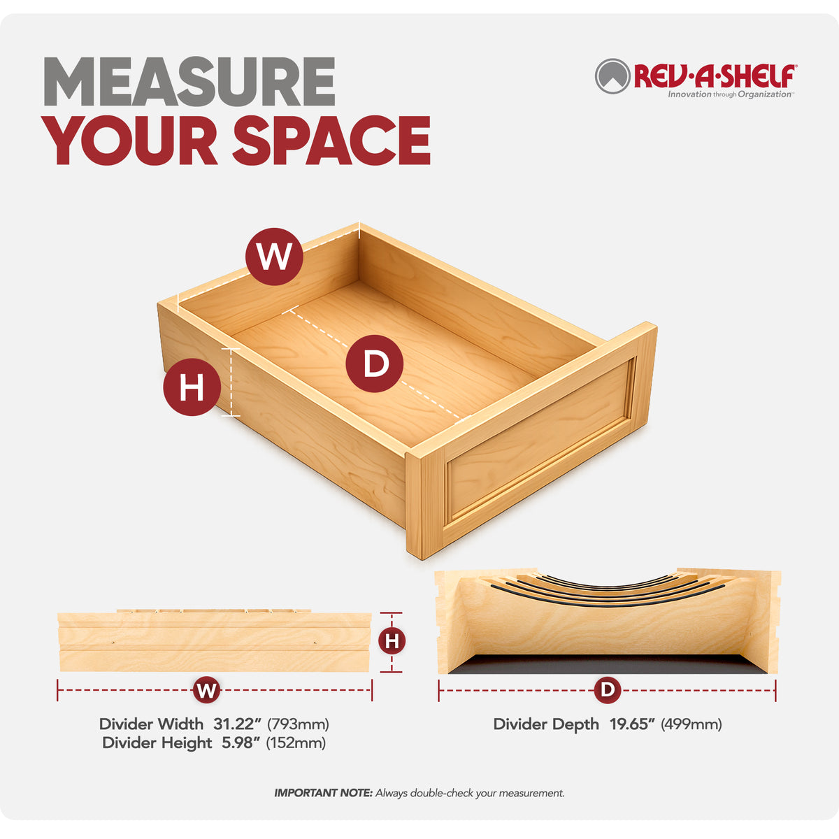 Rev-A-Shelf Deep Drawer Divider Insert for 33”-36” Base Cabinet Drawers