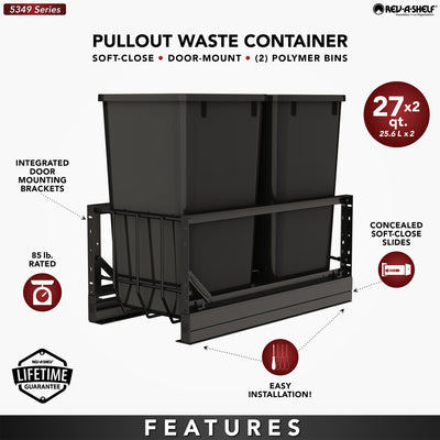 Rev-A-Shelf Double Pullout 27 qt. Kitchen Trash Can, Soft-Close, 5349-1527DM-218 - VMInnovations