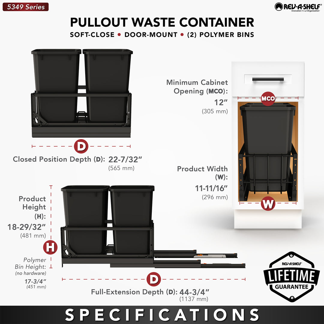 Rev-A-Shelf Double Pullout 27 qt. Kitchen Trash Can, Soft-Close, 5349-1527DM-218