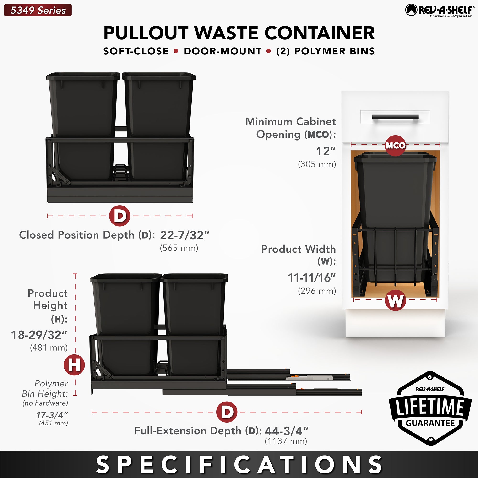 Rev-A-Shelf Double Pullout 27 qt. Kitchen Trash Can, Soft-Close, 5349-1527DM-218 - VMInnovations