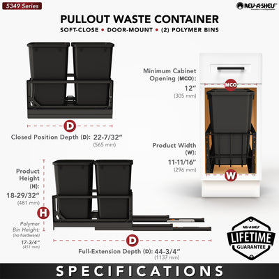 Rev-A-Shelf Double Pullout 27 qt. Kitchen Trash Can, Soft-Close, 5349-1527DM-218 - VMInnovations