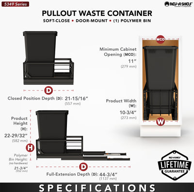 Rev-A-Shelf Single Pullout 50 qt. Kitchen Trash Can, Soft-Close, 5349-1550DM-118