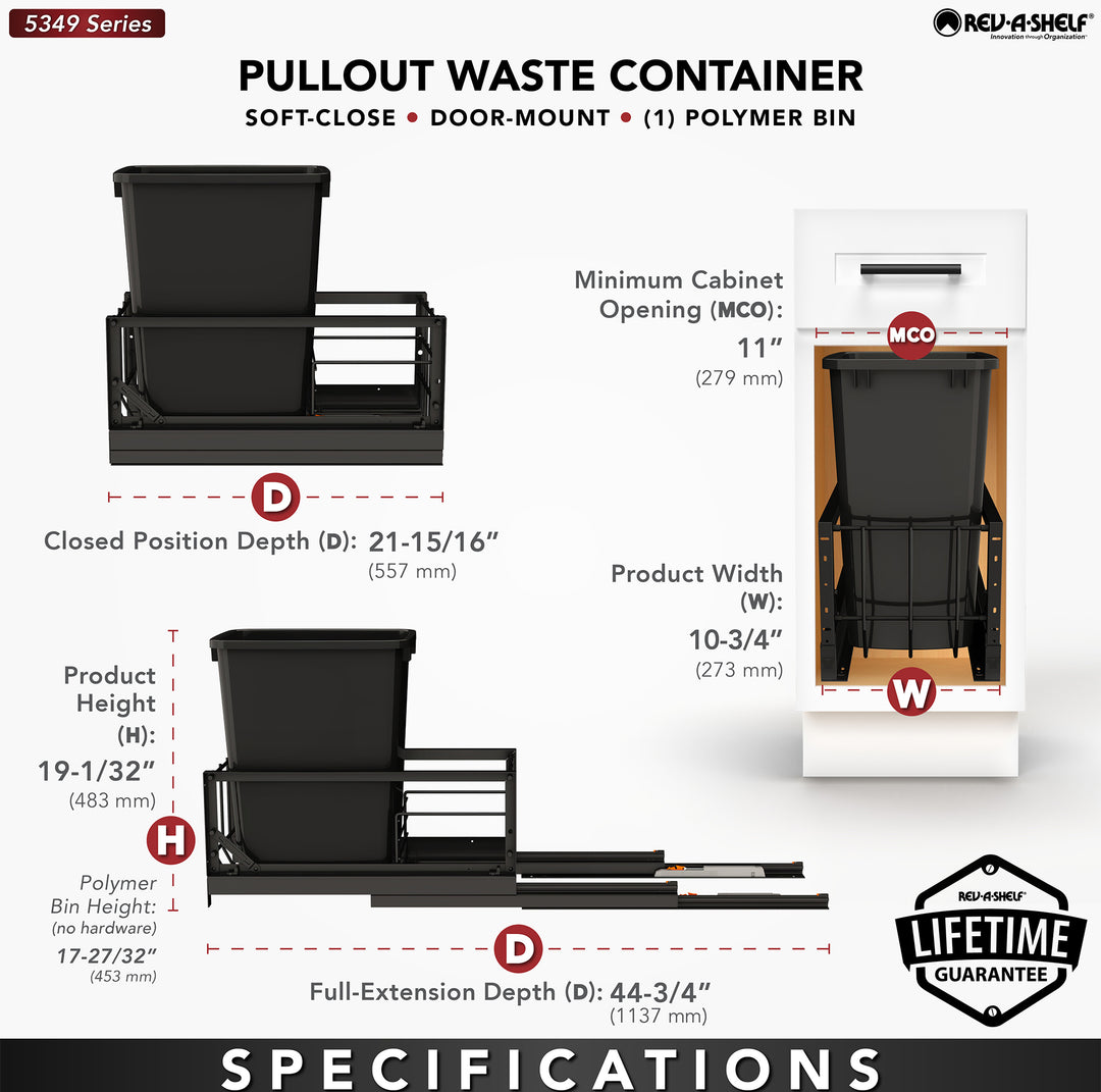 Rev-A-Shelf Single Pullout 35 qt. Kitchen Trash Can w/ Soft-Close, 5349-15DM-118