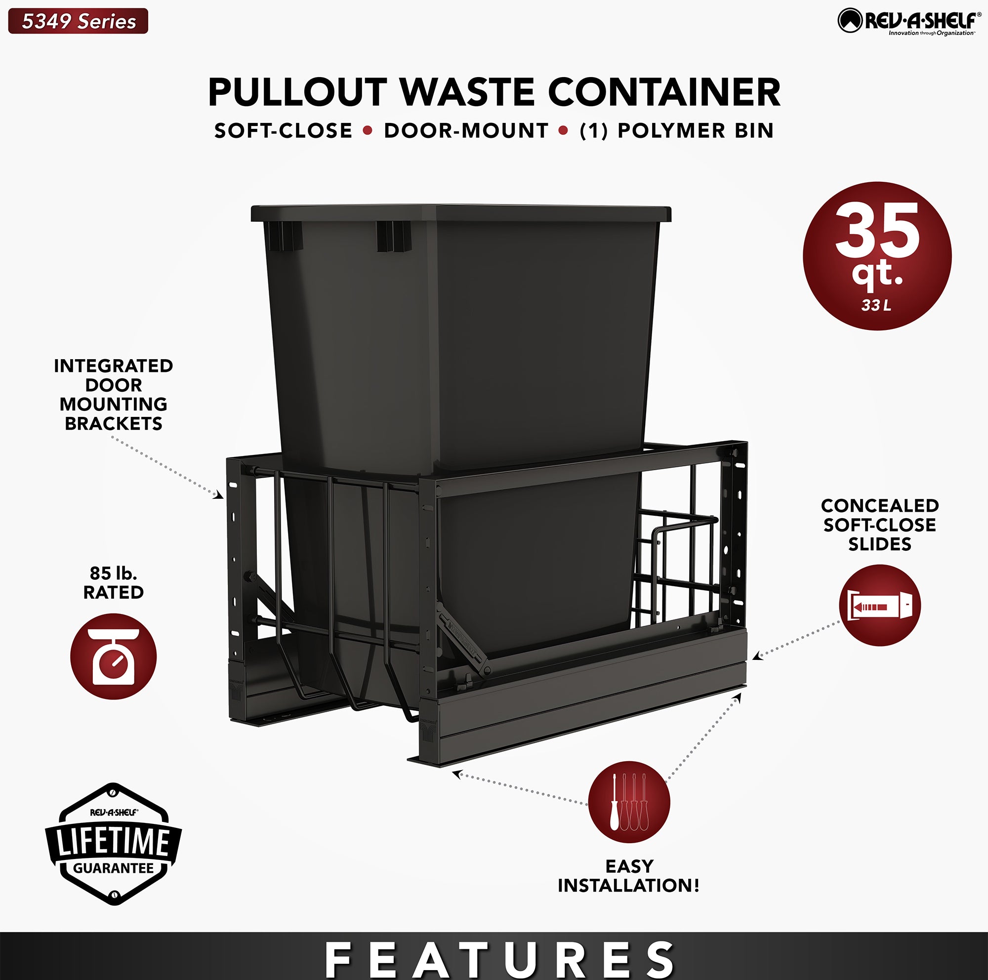 Rev-A-Shelf Single Pullout 35 qt. Kitchen Trash Can, Soft-Close, 5349-15DM18-118 - VMInnovations