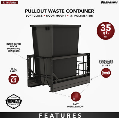 Rev-A-Shelf Single Pullout 35 qt. Kitchen Trash Can, Soft-Close, 5349-15DM18-118 - VMInnovations