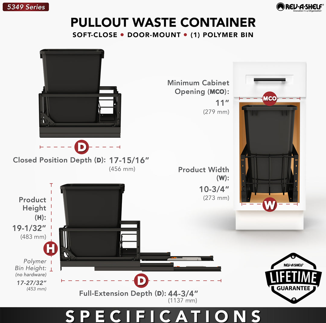 Rev-A-Shelf Single Pullout 35 qt. Kitchen Trash Can, Soft-Close, 5349-15DM18-118