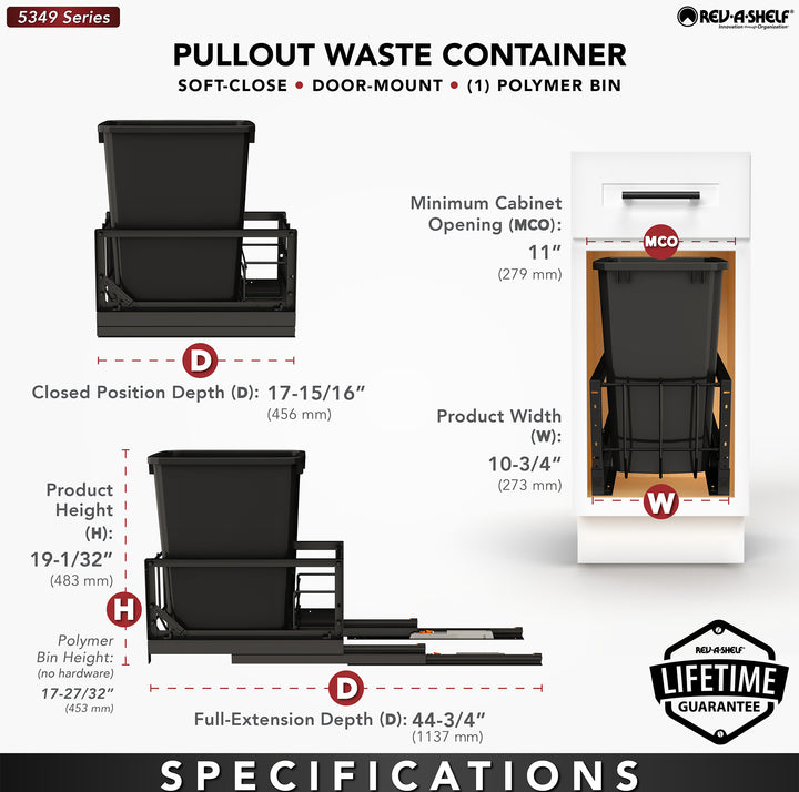 Rev-A-Shelf Single Pullout 35 qt. Kitchen Trash Can, Soft-Close, 5349-15DM18-118