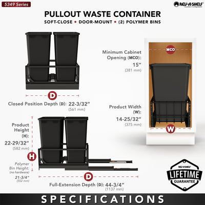 Rev-A-Shelf Double Pullout 50 qt. Kitchen Trash Can, Soft-Close, 5349-2150DM-218