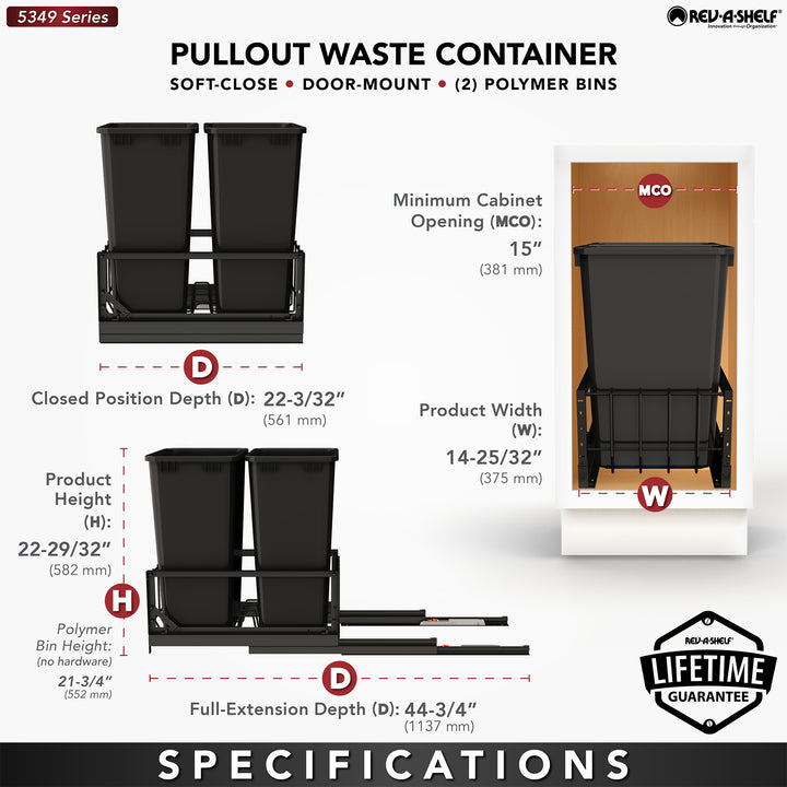 Rev-A-Shelf Double Pullout 50 qt. Kitchen Trash Can, Soft-Close, 5349-2150DM-218