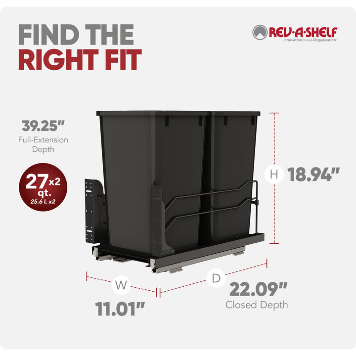 Rev-A-Shelf Double Pullout Kitchen Trash Can 27 qt. Soft-Close 53WC-1527SCDM-218