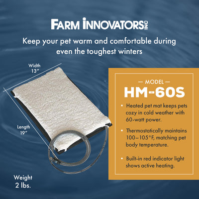 Farm Innovators HM-60S Small Plastic Heated Pet Mat with Fleece Cover, 60 Watt - VMInnovations