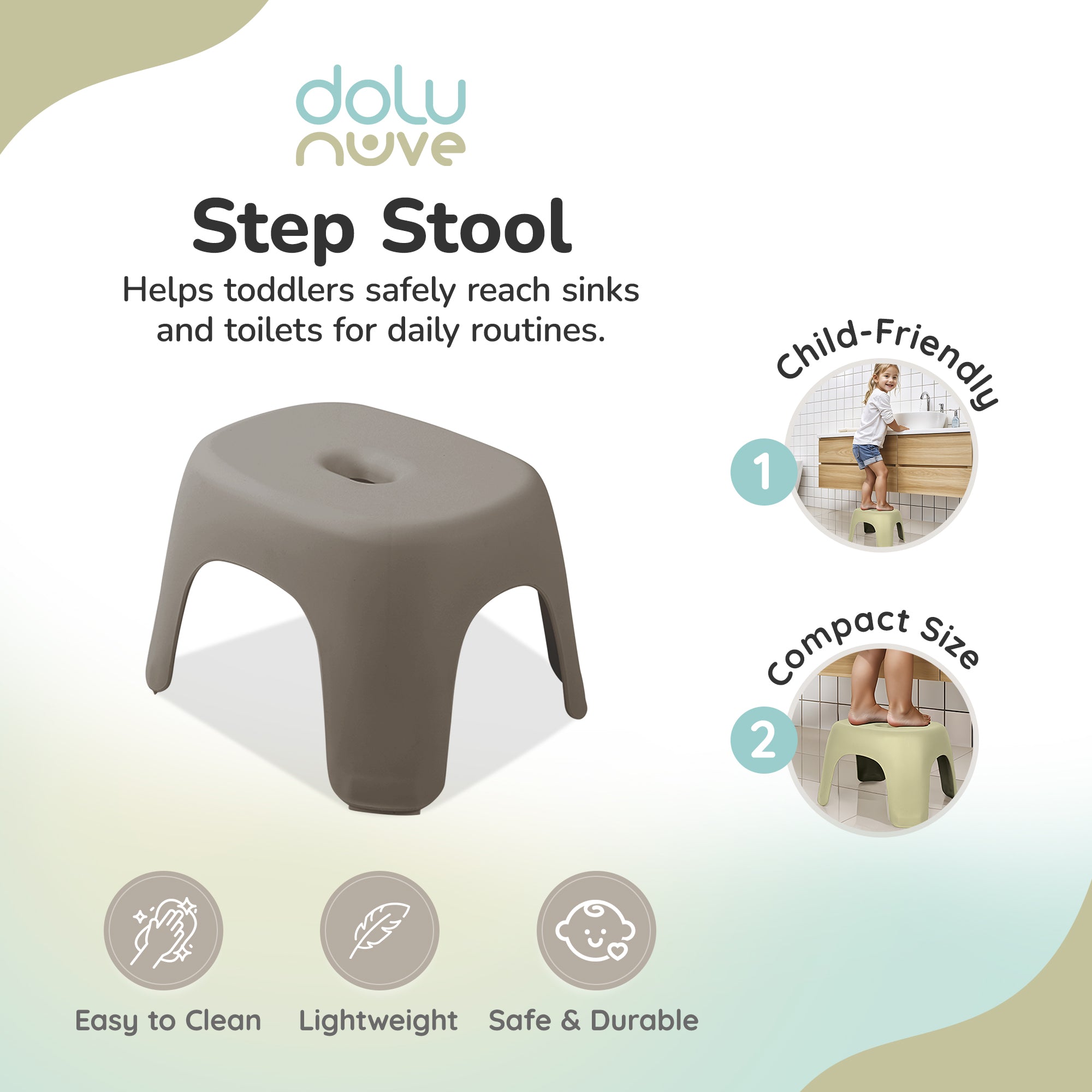 Dolu Nuve Kids Non-Slip Step Stool Toddler Helper for Bathroom, Stone Grey - VMInnovations