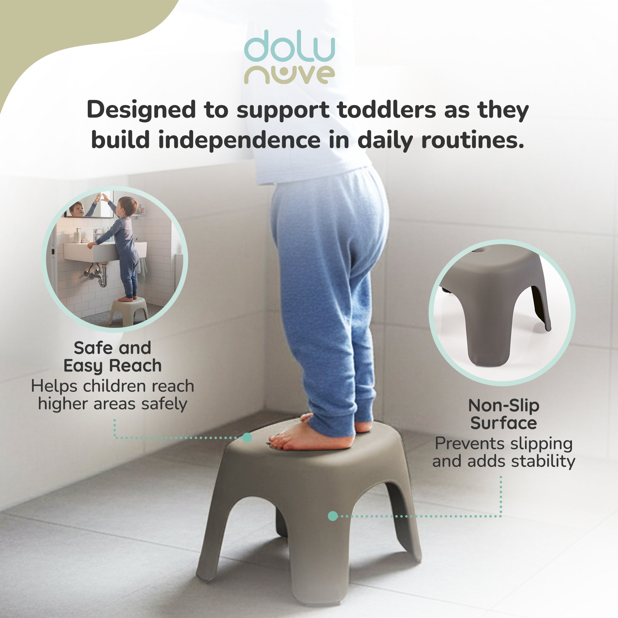 Dolu Nuve Kids Non-Slip Step Stool Toddler Helper for Bathroom, Stone Grey - VMInnovations