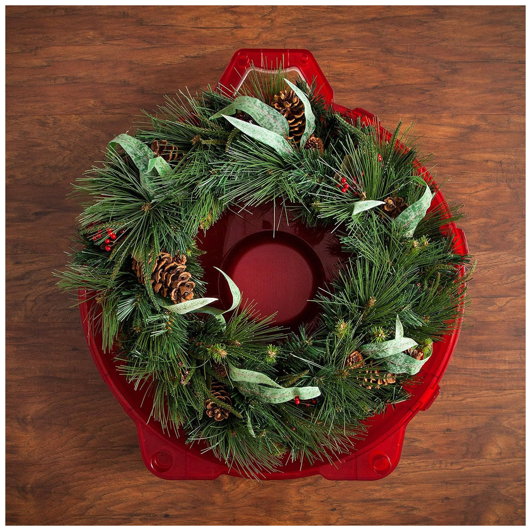 IRIS USA 24" Wreath Storage Container With Latches and Handle, Clear/Red, 2 Pack