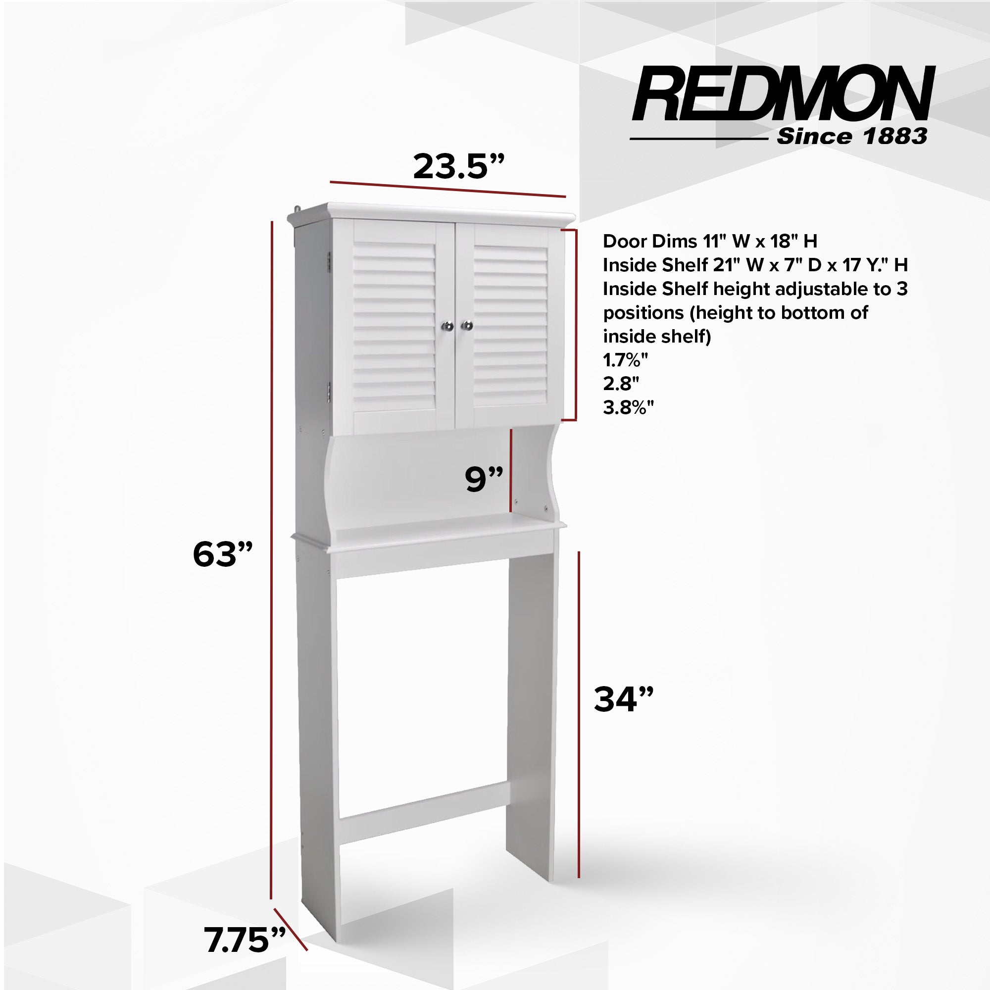 Redmon Louvered Over-The-Toilet Space Saver Cabinet, Adjustable Shelf, White - VMInnovations
