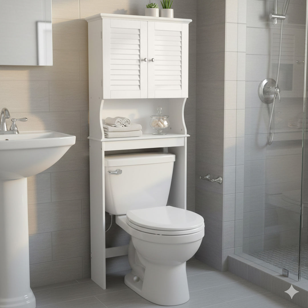 Redmon Louvered Over-The-Toilet Space Saver Cabinet, Adjustable Shelf, White