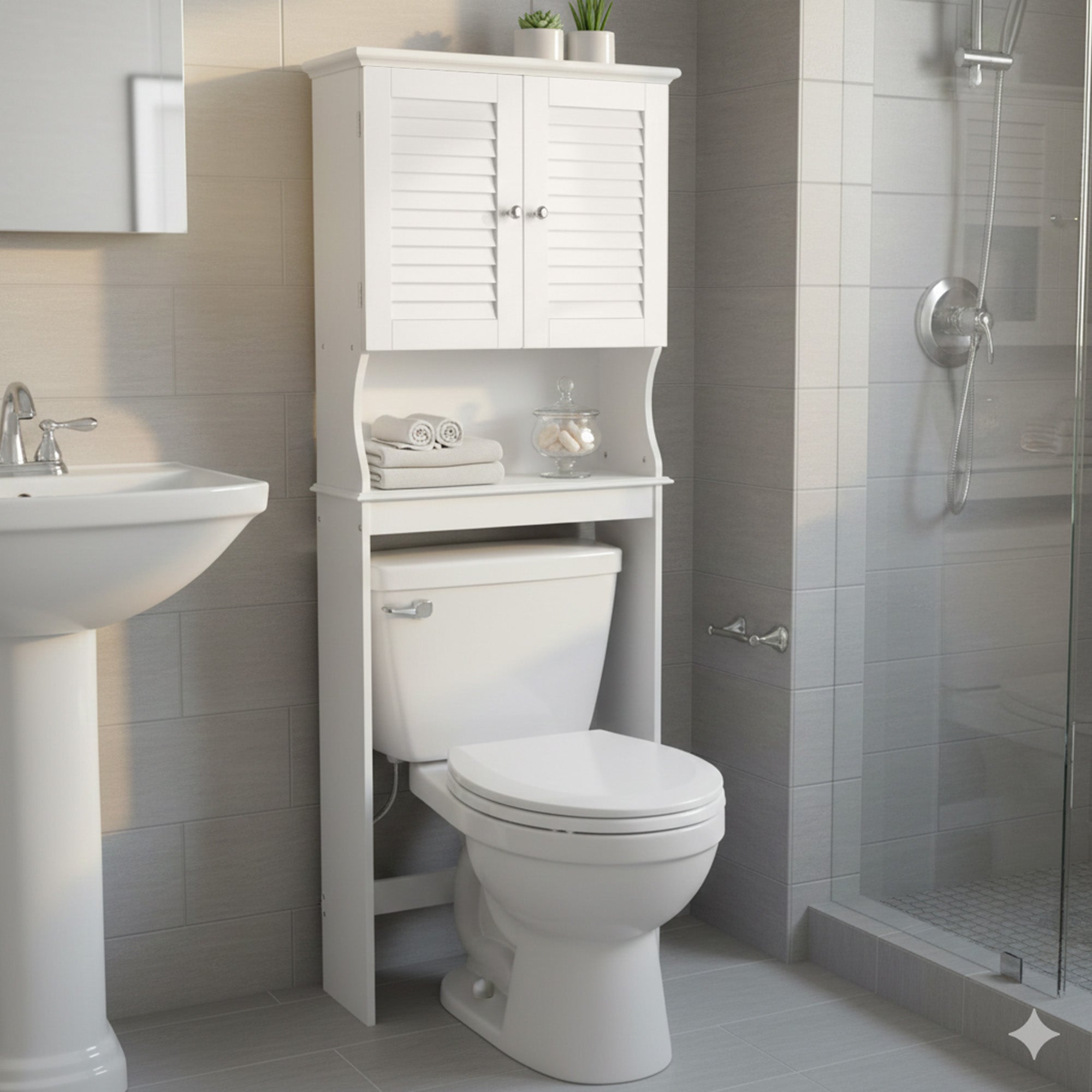 Redmon Louvered Over-The-Toilet Space Saver Cabinet, Adjustable Shelf, White - VMInnovations