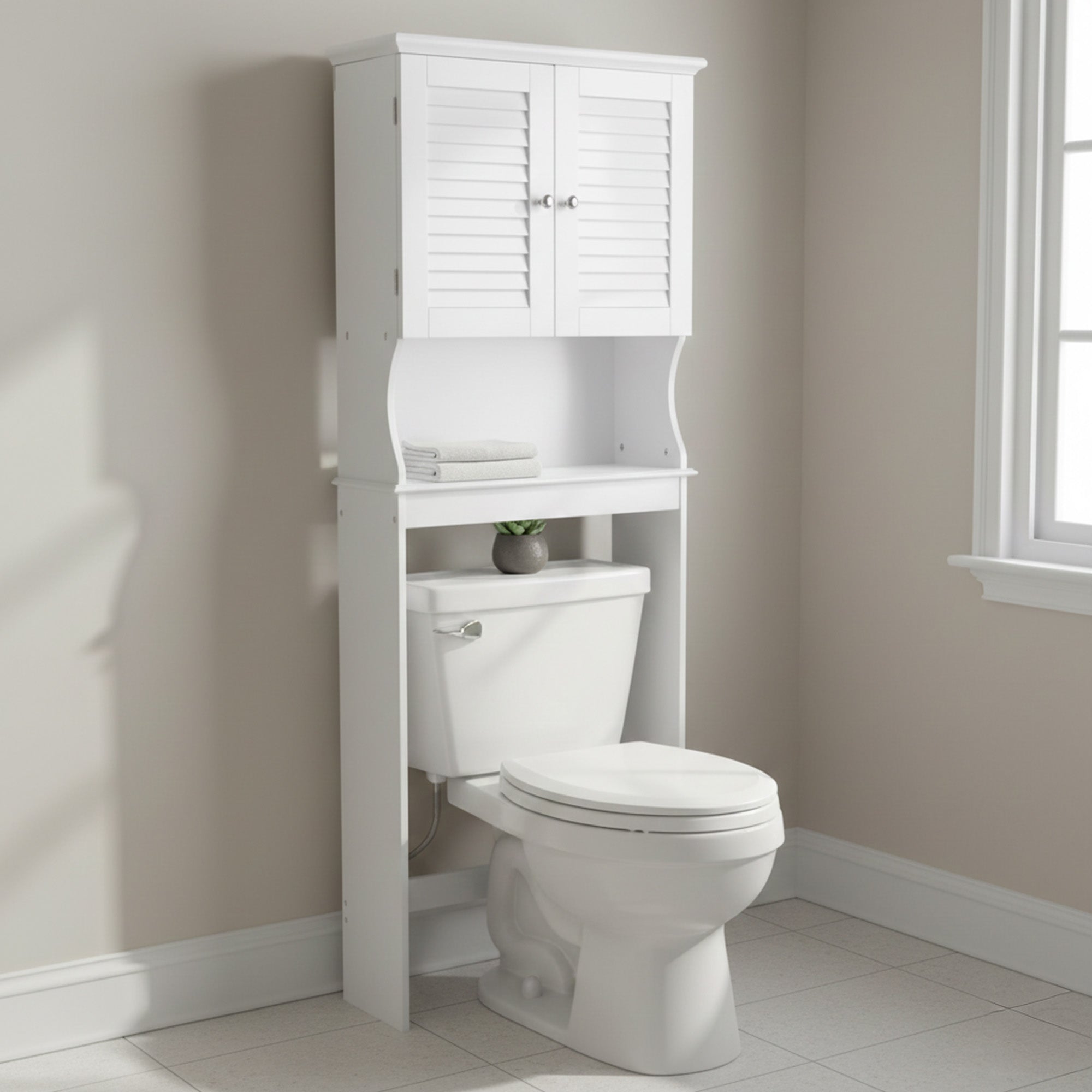 Redmon Louvered Over-The-Toilet Space Saver Cabinet, Adjustable Shelf, White - VMInnovations