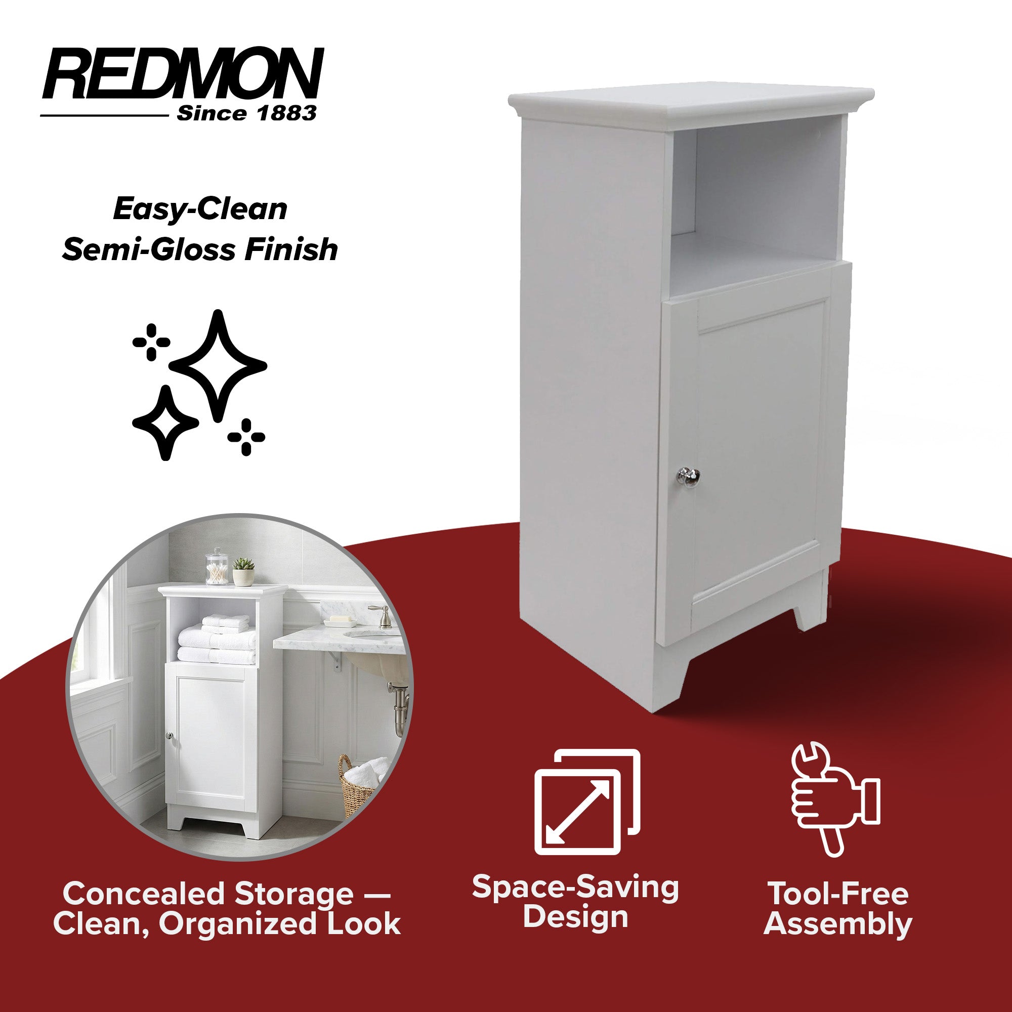 Redmon Shaker Style Single Door Cabinet, Bathroom Storage Organizer, White - VMInnovations