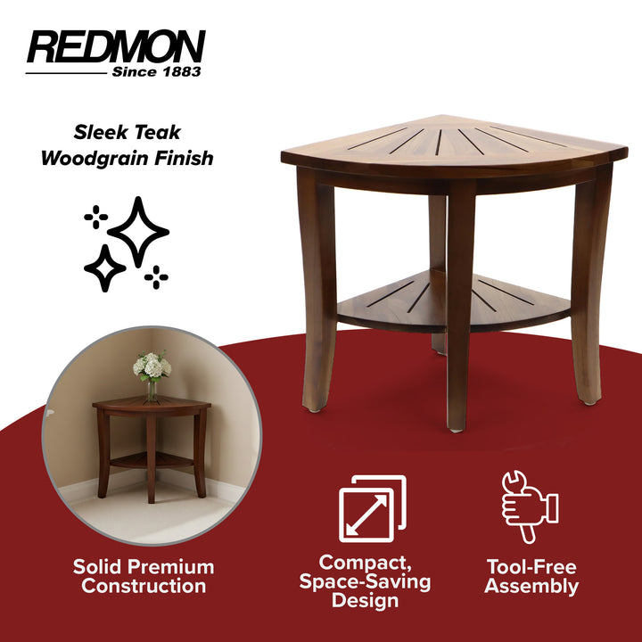 Redmon Genuine Teak Corner Shower Bench, Underseat Shelf Storage, Teak Woodgrain