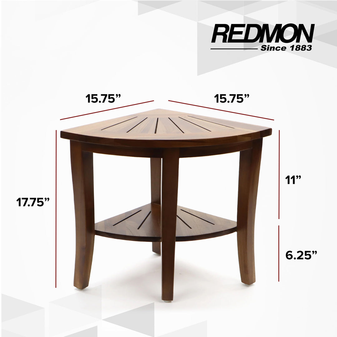 Redmon Genuine Teak Corner Shower Bench, Underseat Shelf Storage, Teak Woodgrain