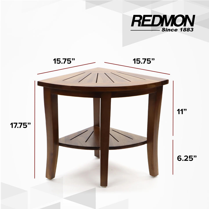 Redmon Genuine Teak Corner Shower Bench, Underseat Shelf Storage, Teak Woodgrain