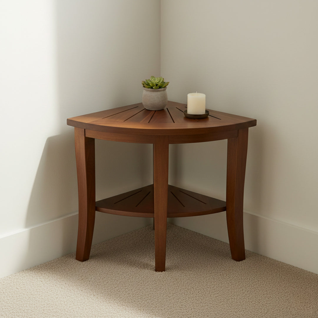 Redmon Genuine Teak Corner Shower Bench, Underseat Shelf Storage, Teak Woodgrain